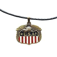 Vintage Bronze Plated Fly Eagle Flag Metal Charm Pendant Leather Necklace