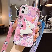 Guppy Compatible with iPhone 12 3D Cartoon Unicorn Case Cute Funny Animal Kawaii with Laryard & Stand Protective TPU and IMD Anti-Slip for Women Girls Case 6.1 inch Pink
