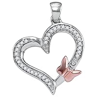 10K White Gold & Rose Gold Diamond Lovely Heart Beautiful Butterfly Necklace Pendant 1/10 Ctw.