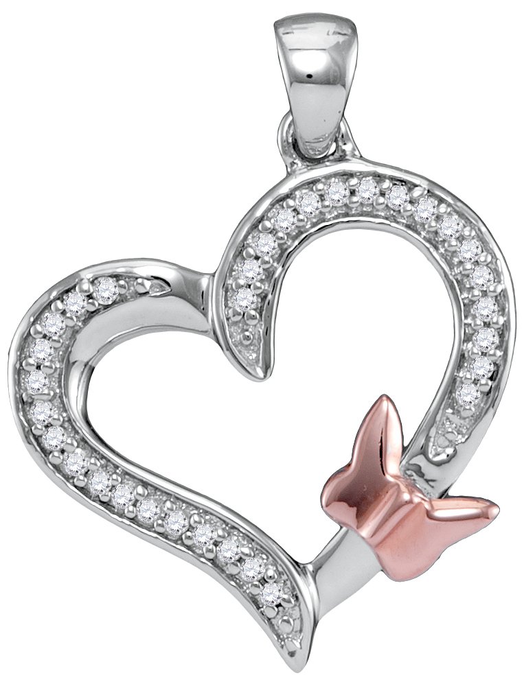 10K White Gold & Rose Gold Diamond Lovely Heart Beautiful Butterfly Necklace Pendant 1/10 Ctw.