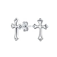 Delicate Simple Fleur De Lis Cross Stud Earrings: Minimalist Religious Jewelry for Women Teens, Communion Gift, Polished .925 Sterling Silver