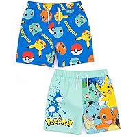 Pokemon Boys Swim Shorts 2 Pack | Kids Blue Swimming Pants Squirtle, Pikachu, Charmander | Set of Two Gamer Swimwear Trunks