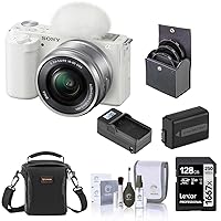 Sony ZV-E10 Mirrorless Vlog Camera with 16-50mm Lens, White - Bundle with 128GB SD Card, Shoulder Bag, Extra Battery, Charger, 40.5mm Filter Kit, Cleaning Kit