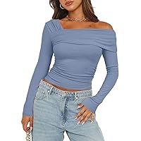 Asymmetrical Tops for Women Going Out Tops Off Shoulder Long Sleeve Solid Color T-Shirt Slim Fit Y2K Shirt