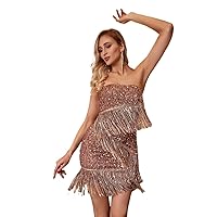 Dresses for Women Women's Dress Fringe Trim Sequin Tube Bodycon Dress (Color : Champagne, Size : X-Small)