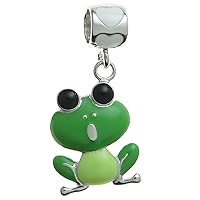 Rhodium-plated Sterling Silver Lovely Green Frog Enamel European Style Dangle Bead Charm