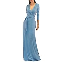 Vivicastle Women's USA Solid V-Neck 3/4 Sleeve Faux Wrap Waist Long Maxi Dress