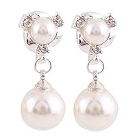 Grace Jun™ Luxury Gold-tone or Silver-tone Clear Crystal White Simulated Pearl Clip-on Drop Earring