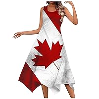 Sequin Dress for Women,Women's Fashion Spring and Summer Canada Independence Day Print Irregular Hem Round NEC