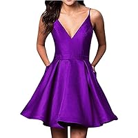 Women's Spaghetti Straps Homecoming Dresses Short Satin Prom Dress with Pockets