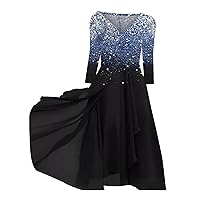 Women's Spring Mesh Dresses Retro Color Block Bodycon Western Tops Flare Long Sleeve V Neck Sequin Ruffle Chiffon Fit