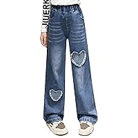 TiaoBug Kids Girls Raw Edge Heart-Shaped Patch Straight Wide Leg Jeans Distressed Denim Pants Washed Denim Trousers