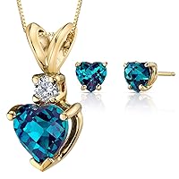 PEORA 14K Yellow Gold Created Alexandrite Pendant and matching Earrings - Heart Shaped Created Alexandrite Diamond Pendant 1 Carat + Heart Shaped Created Alexandrite Stud Earrings 2 Carats
