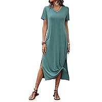 Summer Dresses for Women 2024 Solid Split Thigh Tee Long Dress