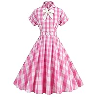 IMEKIS Women Vintage 1950s Pink Gingham Dress Short Sleeve Rockabilly Pinup Dress 50s Costume Halloween Cosplay Party