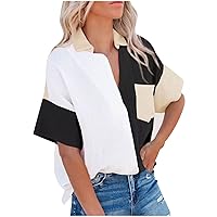 Short Sleeve Button Down Shirts for Women Dressy Casual Summer Cotton Linen Tops Lapel V Neck Color Block Work Blouses
