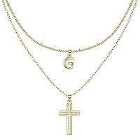ZENI Dainty Cross Necklaces for Women, 14K Gold Plated Layered Chain Initial Pendant Choker Necklace, Cubic Zirconia Cross Christian Faith Jewelry Communion Baptism Gifts for Girls