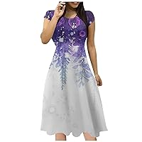 Womens Summer Beach Dresses Short Sleeve Patchwork Print A-line Party Boho Dress 2024 Trendy Beach Sundress