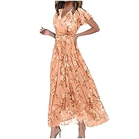 Masbird Spring Dresses for Women 2024 Maxi Summer Floral Print V Neck Wrap Dress Hawaiian Beach Tropical Flowy Boho Dress