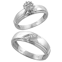 Genuine 10k White Gold Diamond Trio Wedding Sets for Him and Her 2 Diagonal Grooves 3-piece 7mm & 5.5mm wide 0.09 cttw Brilliant Cut sizes 5-14