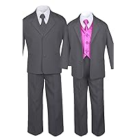 7pc Formal Boy Dark Gray Suit Extra Fuchsia Pink Vest Necktie Set S-20 (10)