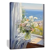 RUIFENGL Bathroom Wall Art White Pink Flower in Bottle Blue Sea Pictures Canvas Prints Wall Art for Bedroom Watercolor Paintings Artwork Ready to Hang Country Home Office Decor 12