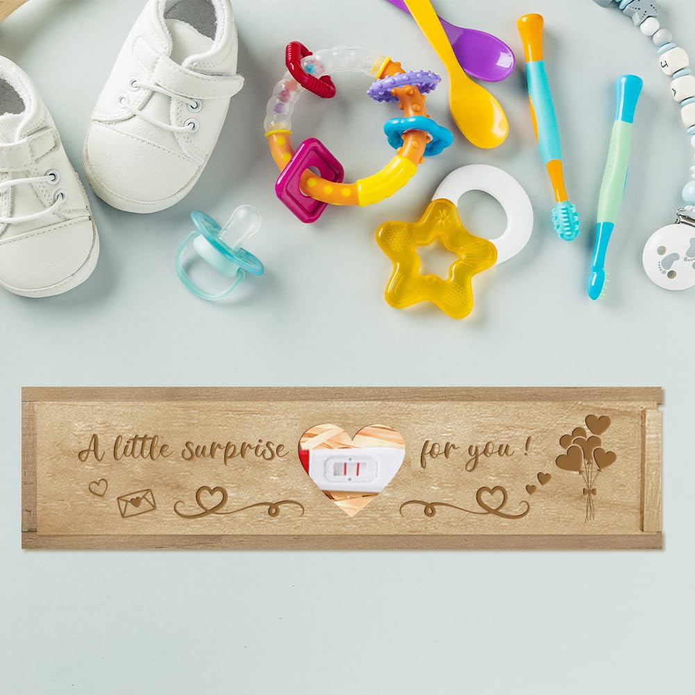 CHGCRAFT Pregnancy Wooden Announcement Gifts Pregnancy Test Keepsake Box with Slide Cover Love Hollow Box to Husband Grandparents Parents, 8x2x1.2inch