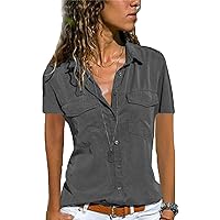 Andongnywell Womens Short Sleeve Shirts V Neck Collared Button Down Shirt Tops with Pockets