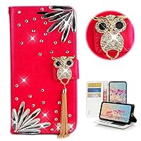 STENES Bling Wallet Phone Case Compatible with Moto G Stylus 5G 2022 Case - Stylish - 3D Handmade Night Owl Tassel Glitter Magnetic Wallet Magnetic Wallet Stand Leather Cover Case - Red
