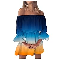 XJYIOEWT Navy Blue Dress for Women,Women Summer Dresses Vintage Print Beach Sexy Off Shoulder Tunic Summer Dresses Casu