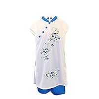 Ao Dai for Children - Size#1 (Smaller Than US 1T - This Size is for Infant from 5 to 10 Months Old) Ao Dai with Blue Flower Embroidered and Blue Pants