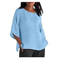 Womens Loose Casual Tops Solid Color V-Neck Cotton Linen Comfy Tees 2024 Summer Short Sleeve Mid-Length Split Hem Tshirt