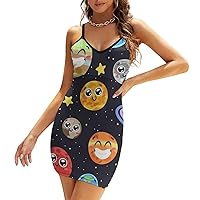 Solar System Space Star Casual Mini Dresses for Women Backless Slip Sundress Sexy V Neck Party Tank Dress