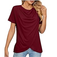 Womens Draped Round Neck Wrap Tops Summer Petal Hem Short Sleeve T-Shirts Casual Loose Fit Fashion Solid Blouses