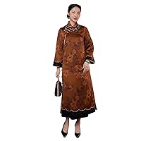 Qipao Autumn Winter Women Overcoat Silk Embroidered Printed Addition Cotton Cheongsam Brown Coat Dress 2537