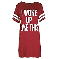 Oops Outlet Women's T Shirt Cap Sleeve I Woke Up Like This Baggy Shift Dress Plus Size (US 12/14) Wine