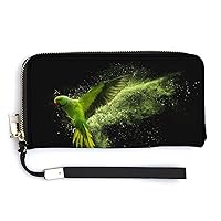 Flying Green Parrot Alexander Parrot PU Leather Clutch Wallets Long Zip Purse Tote Handbag With Removable Wristlet For Women Girl's