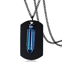 Free Customized Black Stainless Steel Dog Tag Blue Bullet Cremation Pendant Memorial Necklace for Men, 24 Inch Chain