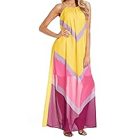 Women's Chevron Color Block Halter Neck Maxi Dress (Yellow, (US 8-10) M)