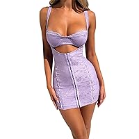 Women Low Cut Lace Trim Floral Corset Cami Dress Open Back Sleeveless Slim Strappy Hollow Going Out Mini Dress
