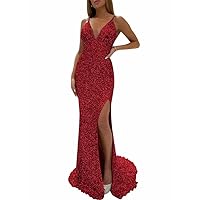 Sequin Prom Dresses Long Mermaid V Neck with Slit Cross Back Formal Evening Gowns for Wedding Party Homecoming Dresses
