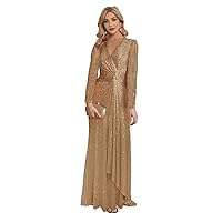 Women's Long Sleeve Prom Dresses Sequin V Neck Sparkly Formal Evening Gowns