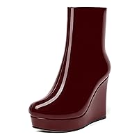 Womens Patent Ankle High Boots Sexy Zip Platform Solid Round Toe Wedge High Heel Mid Calf Boots 4 Inch