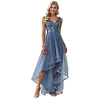 ALISA PAN Women's Sleeveless V-Neck Evening Dress Appliques Tulle High Low Bridesmaid Dresses 00793-AS