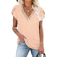 Women's Summer Tees Lace V-Neck Casual Cute T-Shirts Petal Sleeve Loose Tops Fashion 2024