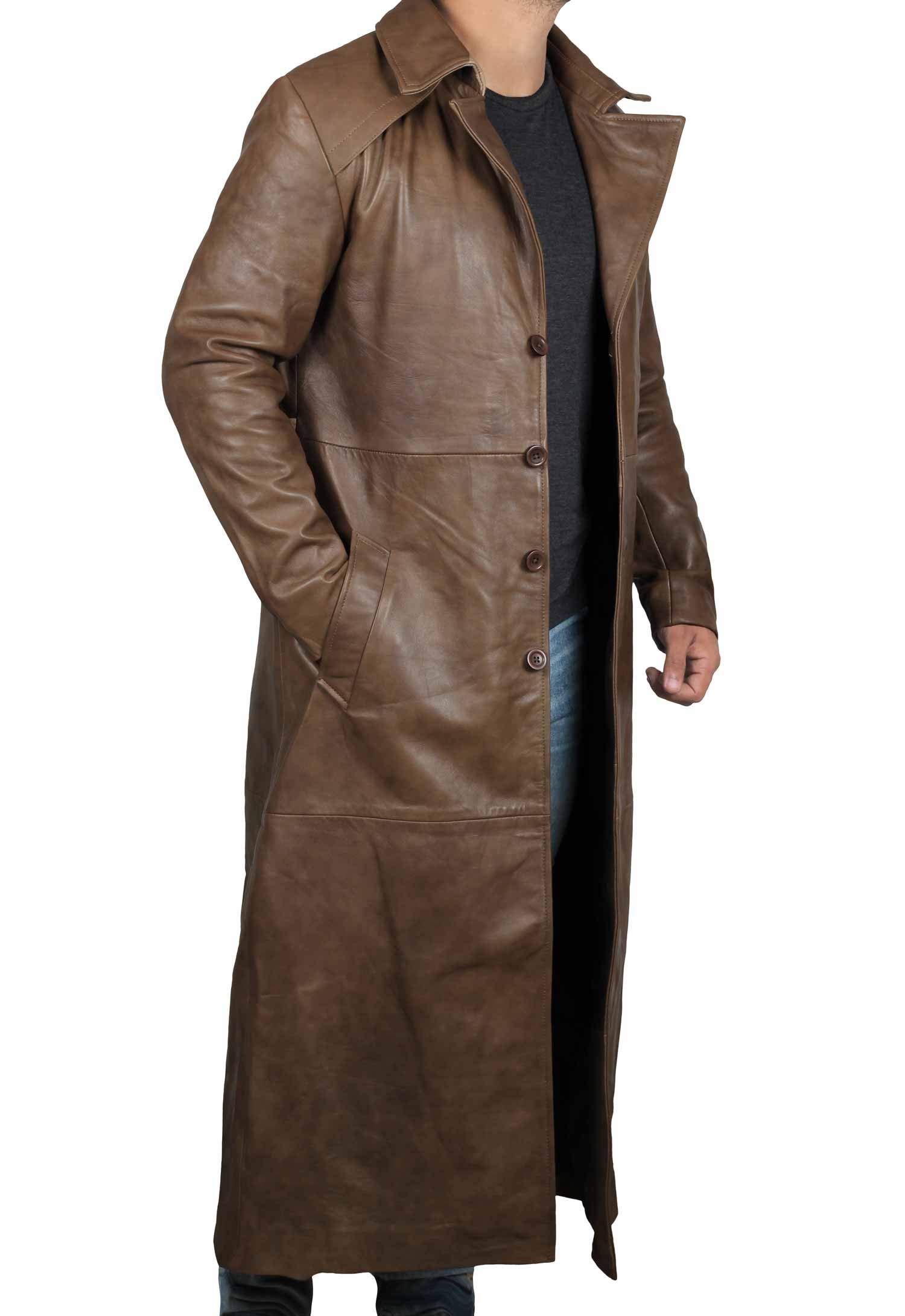 Brown Winter Trench Coat Men - Distressed Black Real Leather Long Overcoat