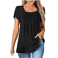 Womens 2024 Summer Casual Pleated Shirts Fashion Square Neck Petal Short Sleeve Tunic Tops Loose Dressy Flowy Blouse