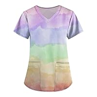 Women's Fashion V-Neck Short Sleeve Workwear with Pockets Printed Tops Women's Athletic Shirts