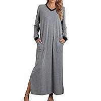Women's Nightgown V-Neck Loungewear Long Sleeve Sleepwear Full Length Nightgown Side Slit Pajama Dress with Pockets