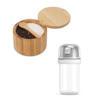 Bamboo Salt Pepper Bowl Box Cellar and 2 in 1 Glass Salt Shaker with Side Pour Spout